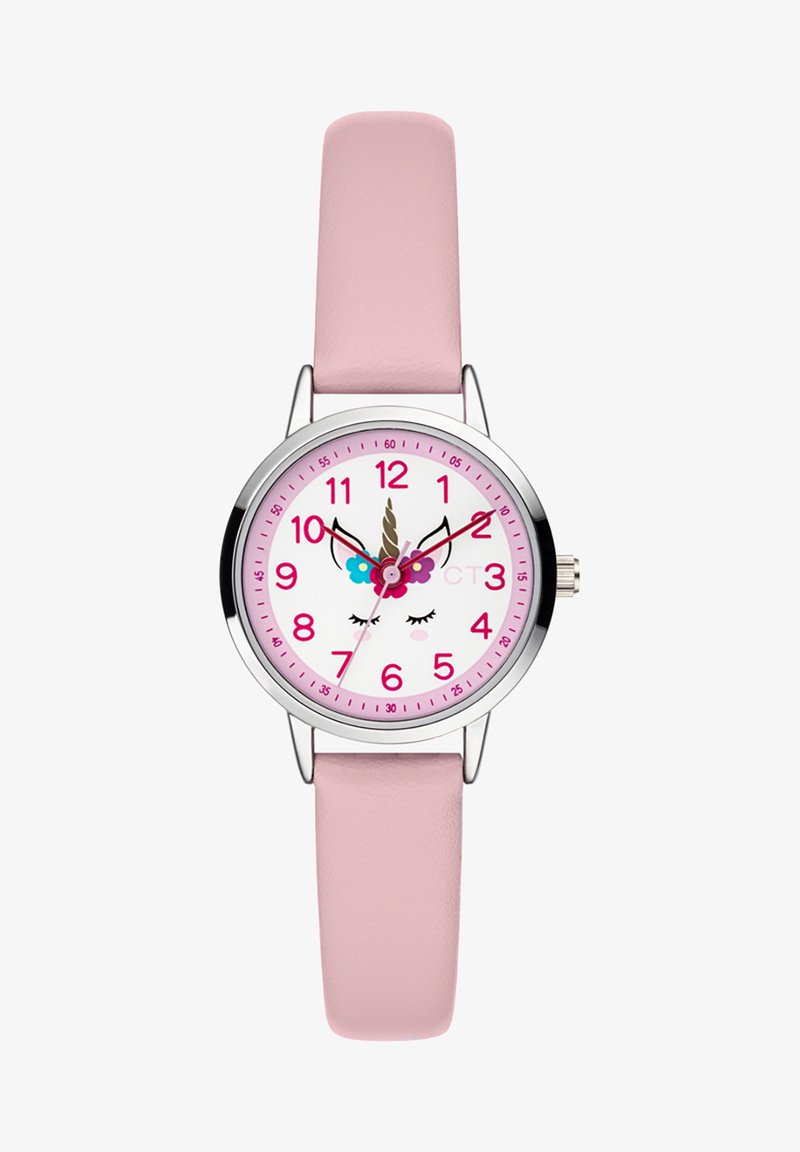 Rosa Lederarmbanduhr mit einem runden weißen Zifferblatt, das ein Einhornmotiv, rosa Stundenmarkierungen und silberne Metallakzente zeigt.