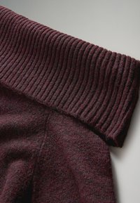 Pullover lavorato a maglia di un profondo bordeaux con un ampio colletto a coste. Texture morbida e una finitura leggermente pelosa, con un corpo in tessuto liscio sotto il colletto.