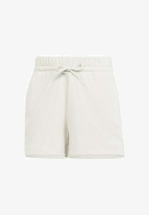 Pantalones cortos de color gris claro con una cintura elástica y cordón ajustable. Presentan una textura sutil y un logo de Adidas en el lado inferior izquierdo.