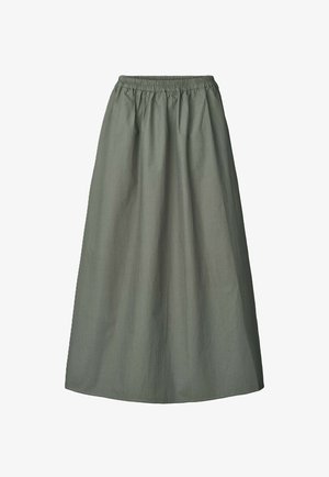 Gonna verde oliva di lunghezza media con fascia elastica in vita. Realizzata in tessuto leggero e testurizzato, presenta un design arricciato per volume.