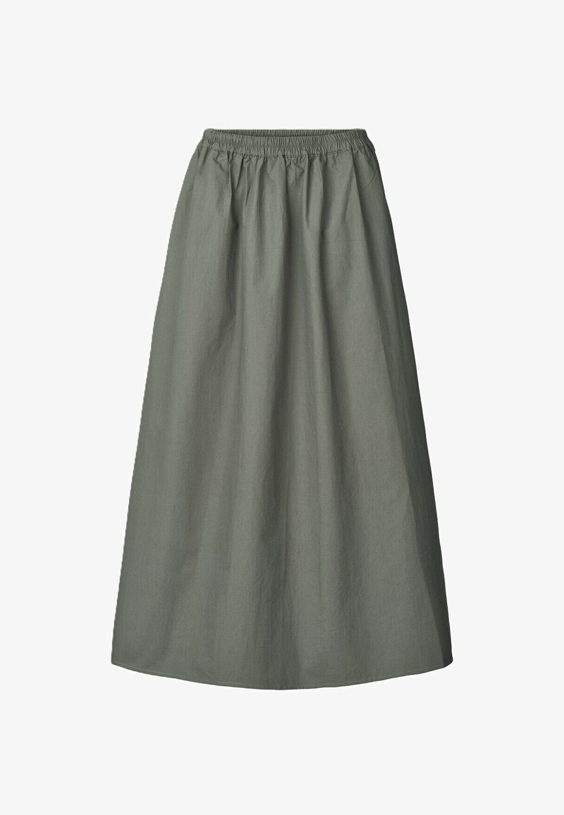 Gonna verde oliva di lunghezza media con fascia elastica in vita. Realizzata in tessuto leggero e testurizzato, presenta un design arricciato per volume.