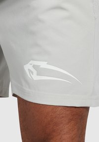 Pantalones cortos deportivos de color gris claro, fabricados con un tejido suave, que presentan un gráfico del logo en blanco en el lateral y detalles de malla para ventilación.
