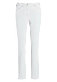 Witte denim jeans met een rechte pijp, knoopsluiting en vijf zakken. Heeft subtiele textuur en stikseldetails.