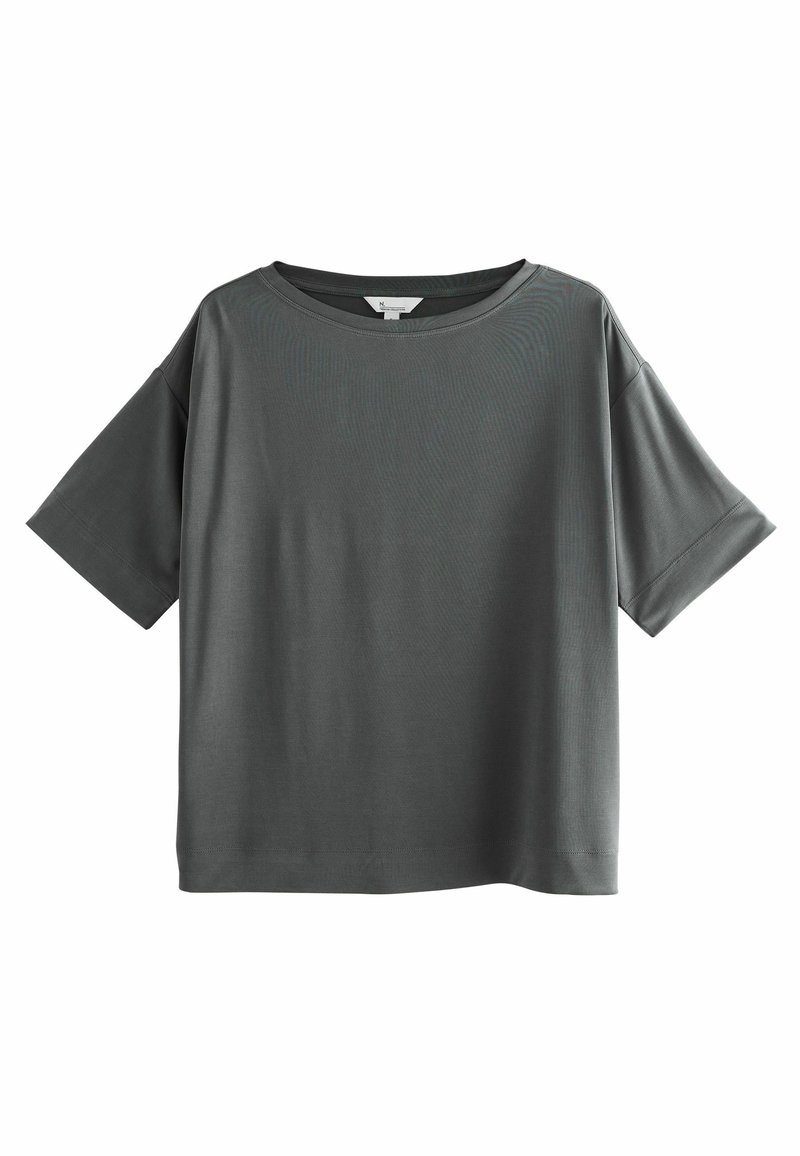 T-shirt gris foncé, manches courtes, coupe ample, col rond, au design simple, présenté à plat sur fond blanc.