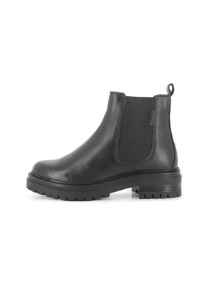 Botas Chelsea de cuero negro con paneles elásticos en los laterales, punta redonda, suela de goma elevada y tira trasera para ponerlas fácilmente.