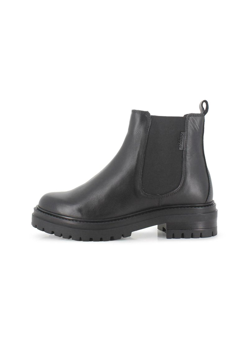 Botas Chelsea de cuero negro con paneles elásticos en los laterales, punta redonda, suela de goma elevada y tira trasera para ponerlas fácilmente.