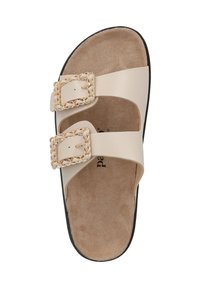 Beige skidsandal med två breda remmar, detaljer i guldton på spännena, mjuk mockaliknande innersula och en texturerad svart sula.