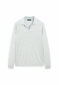 Jasnoszary sweter polo z długim rękawem, dekoltem w serek i miękką fakturą. Posiada prążkowany dół i mankiety, casualowy design bez ozdób.