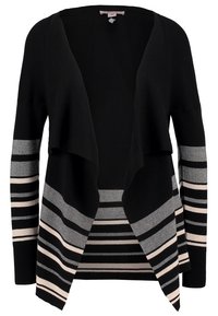 Cardigan nero con apertura frontale, dotato di maniche lunghe e righe orizzontali grigie e beige. Materiale in maglia morbido con una vestibilità rilassata.