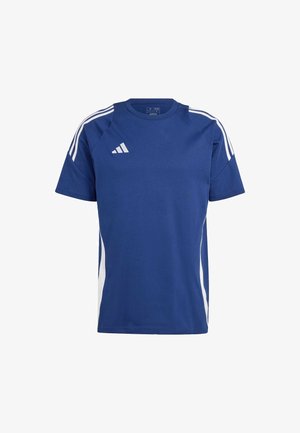 Blauwe sport T-shirt van lichtgewicht stof, met witte zijstrepen en een klein trefoil-logo op de borst. Korte mouwen, ronde hals.