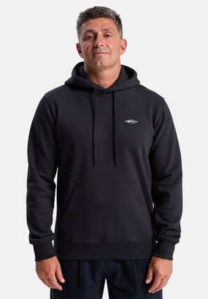 Black hooded sweatshirt made of soft fabric, featuring a front kangaroo pocket, drawstrings, and a small embroidered logo on the chest.