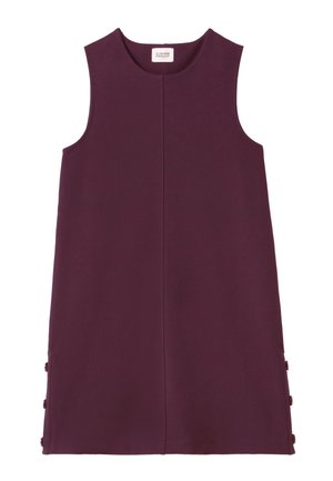 Burgundin ilmanhiha dresses, pyöreä kaula-aukko, sileä rakenne, suoraviivainen leikkaus ja pieni ympyräkoriste helmassa.