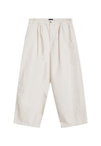 Beige cotton wide-leg pants with a textured finish, featuring an elastic waistband, front button closure, and side pockets.