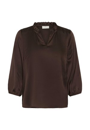 Bruine satijnen blouse met een gerimpelde halslijn, driekwart lange pofmouwen en een losse, relaxte pasvorm.