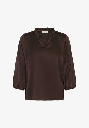 Brown, satin blouse featuring a ruffled neckline, three-quarter length puff sleeves, and a loose, relaxed fit.