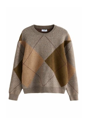 Brauner gestrickter Pullover mit einem geometrischen Rautenmuster in Olivgrün, Beige und Braun, mit gerippten Bündchen und Rundhalsausschnitt.