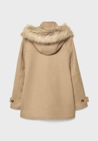 Cappotto in lana beige con polsini abbottonati e cappuccio rifinito in pelliccia sintetica marrone chiaro, mostrato da dietro su uno sfondo semplice.