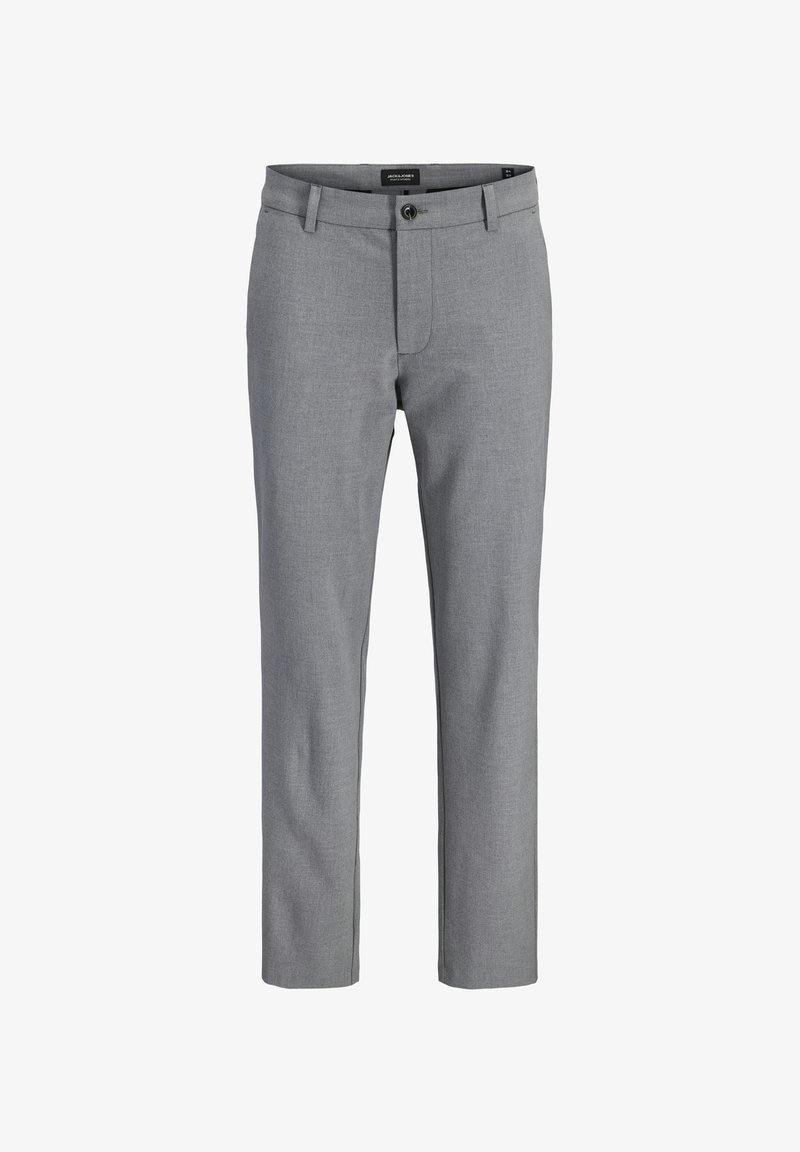 Pantalon formel gris clair pour homme, coupe slim, avec fermeture à boutons et passants pour ceinture, vue de face sur fond blanc.