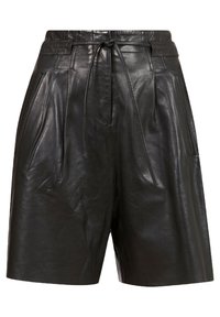 Černé kožené šortky s hladkou texturou, vysokým pasem, šňůrkou a dvěma bočními kapsami. Obsahují sklady pro zvýraznění designu.
