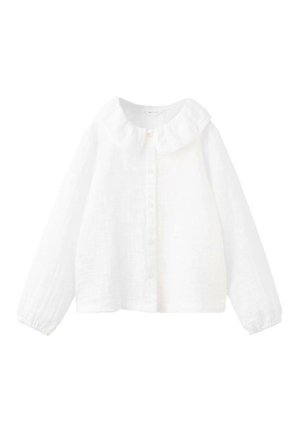 Biele tričko s dlhými rukávmi vyrobené z ľahkej tkaniny, s okrúhlym golierom, zapínaním na gombíky vpredu a mierne nafúknutými rukávmi.