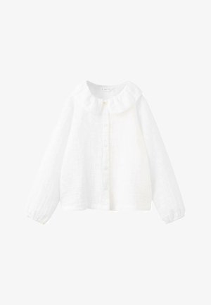 Weißes Langarmhemd aus leichtem Stoff, mit rundem Kragen, Knopfleiste vorne und leicht aufgepufften Ärmeln.