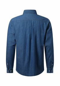 Donkerblauwe denim shirt, lange mouwen, knoopmanchetten, klassieke kraag, rugplooi voor een betere pasvorm, zachte textuur en een egale kleur.