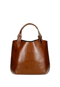 Borsa tote in pelle marrone con superficie leggermente texture, manici arrotondati e dettagli in metallo argentato. Design con apertura superiore.