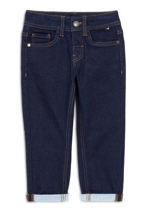 Mørkeblå denimjeans til børn med optrukne manchetter, frontknap, bæltestropper og design med fem lommer, vist på en hvid baggrund.