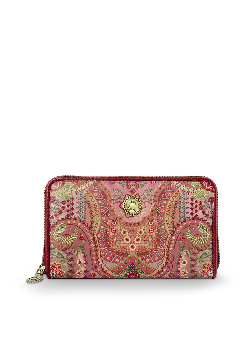 Rectangular zip-around wallet with pink floral paisley pattern, gold-tone cameo detail, and matching zipper pull on white background.