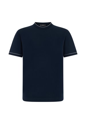 Marineblaues Kurzarmhemd mit weißer Einfassung an den Ärmelsäumen und geripptem Rundhalsausschnitt vor weißem Hintergrund.