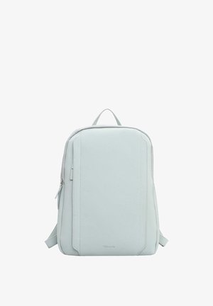 Světlomodrý obdélníkový batoh s horním madlem, bočním zipem a nastavitelnými ramenními popruhy na bílém pozadí.