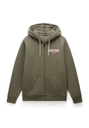 Olijfgroene zip-up hoodie van zachte stof, met een voorzak, trekkoorden en een logo met een Noorse vlag ontwerp.