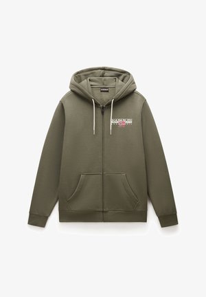 Olivengrüner Reißverschluss-Hoodie aus weichem Material, mit einer Fronttasche, Kordelzügen und einem Logo mit einem design des norwegischen Flagge.