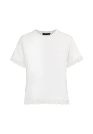 White short-sleeve shirt with lace trim on sleeves and hem, crew neckline, and black Sublevel brand label inside collar.