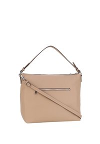 Béžová kožená kabelka s horním uchopem, odnímatelným ramenním popruhem a přední horizontální kapsou na zip.
