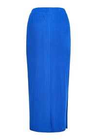 Blauwe maxi rok met een elastische tailleband, heeft een rechte silhouet, een zijsplit en een lichte, gladde stof textuur.