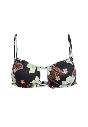 Bikini-top in zwarte stof, met bloemenpatronen in groen, bruin en oranje. Gerimpelde randen en een centrale uitsnijding, verstelbare banden.