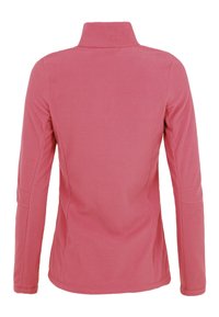 Veste polaire rose à manches longues avec col montant, vue de dos, ajustée à la silhouette d'une femme.