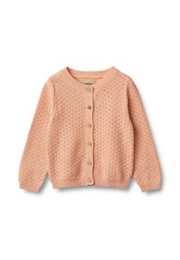 Jasnoróżowy sweter kardigan robiony na drutach z teksturowanym wzorem w kropki, okrągłym dekoltem, zapięciem na guziki z przodu oraz ściągaczami przy mankietach i dolnym brzegu.