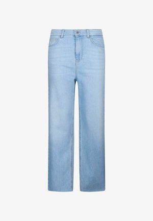 Light blue denim jeans with straight legs, front button, zip closure, and two front pockets on a white background.