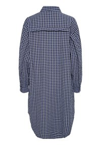 Blue and black checked shirt dress with a collar, long sleeves, and buttoned cuffs, featuring a back yoke and a loose fit design.