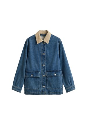 Blue denim jacket with beige collar, front buttons, and two large buttoned flap pockets at the waist, long sleeves, and straight hem.