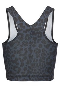 Sportbeha in een donkergrijs en zwart luipaardpatroon. Kenmerkt zich door brede banden, een V-vormige rug en een gladde, textuurstof.