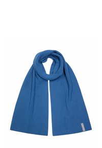 Sciarpa blu lavorata a maglia con una trama a costine, dotata di un design leggermente più ampio e di un piccolo etichetta del marchio a un'estremità.