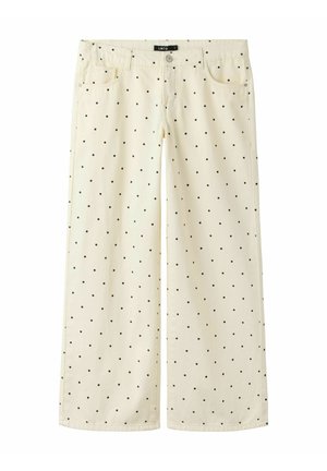 Kremfargede bukser med vide ben med svarte polkaprikker, frontlommer, beltehemper og knappestenging.