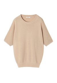 Maglione beige a maniche corte in maglia con scollo rotondo, vestibilità rilassata e orlo a coste. Texture liscia con un design semplice.