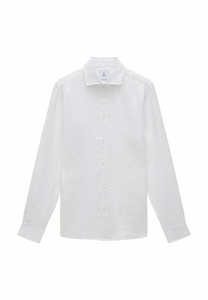 White long-sleeve shirt made of textured linen, featuring a classic collar and front buttons, with a relaxed fit and straight hem.