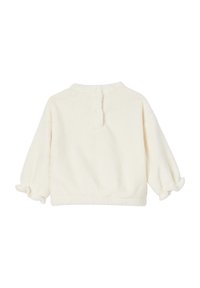 Weißes, flauschiges Pullover-Oberteil mit hohem Kragen, drei Knöpfen am Rücken und Rüschen an den langen Ärmeln. Ganze weich im Griff.
