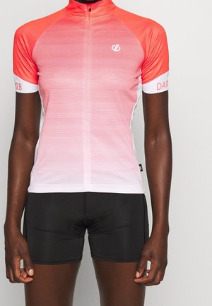 Kortærmet cykeltrøje i gradient pink og hvid, med vandrette striber, høj hals og logoaccents på ærmerne.