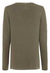 Koszula z długim rękawem w oliwkowym kolorze, teksturowany materiał, okrągły dekolt i małe zapięcie z tyłu. Prosty design bez wzorów i akcentów.